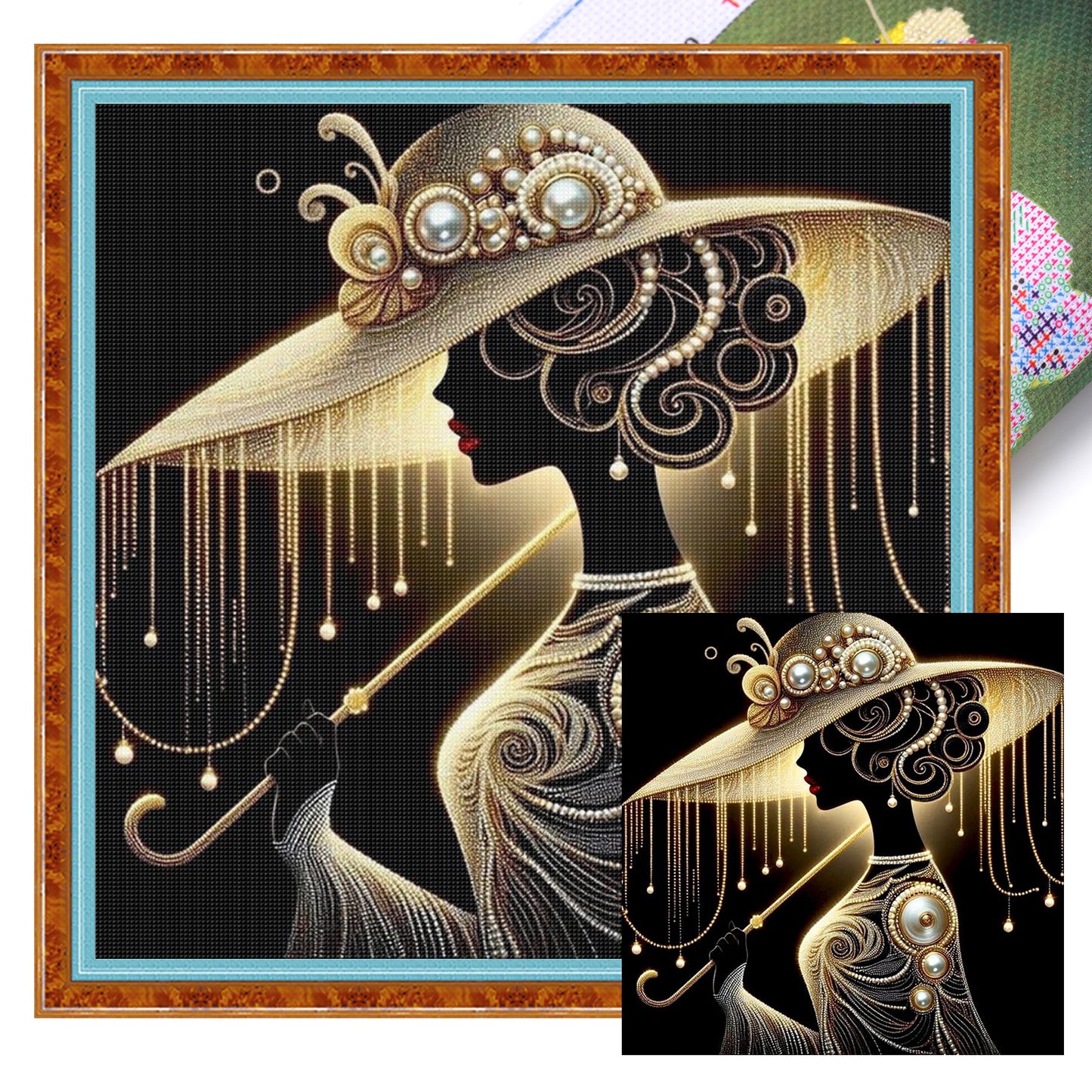 Elegant Lady - Black Gold Pearl Silhouette - Full 11CT Stamped Cross Stitch 45x45CM - Huacan