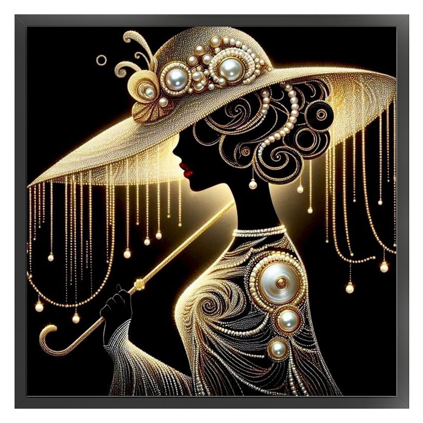 Elegant Lady - Black Gold Pearl Silhouette - Full 11CT Stamped Cross Stitch 45x45CM - Huacan