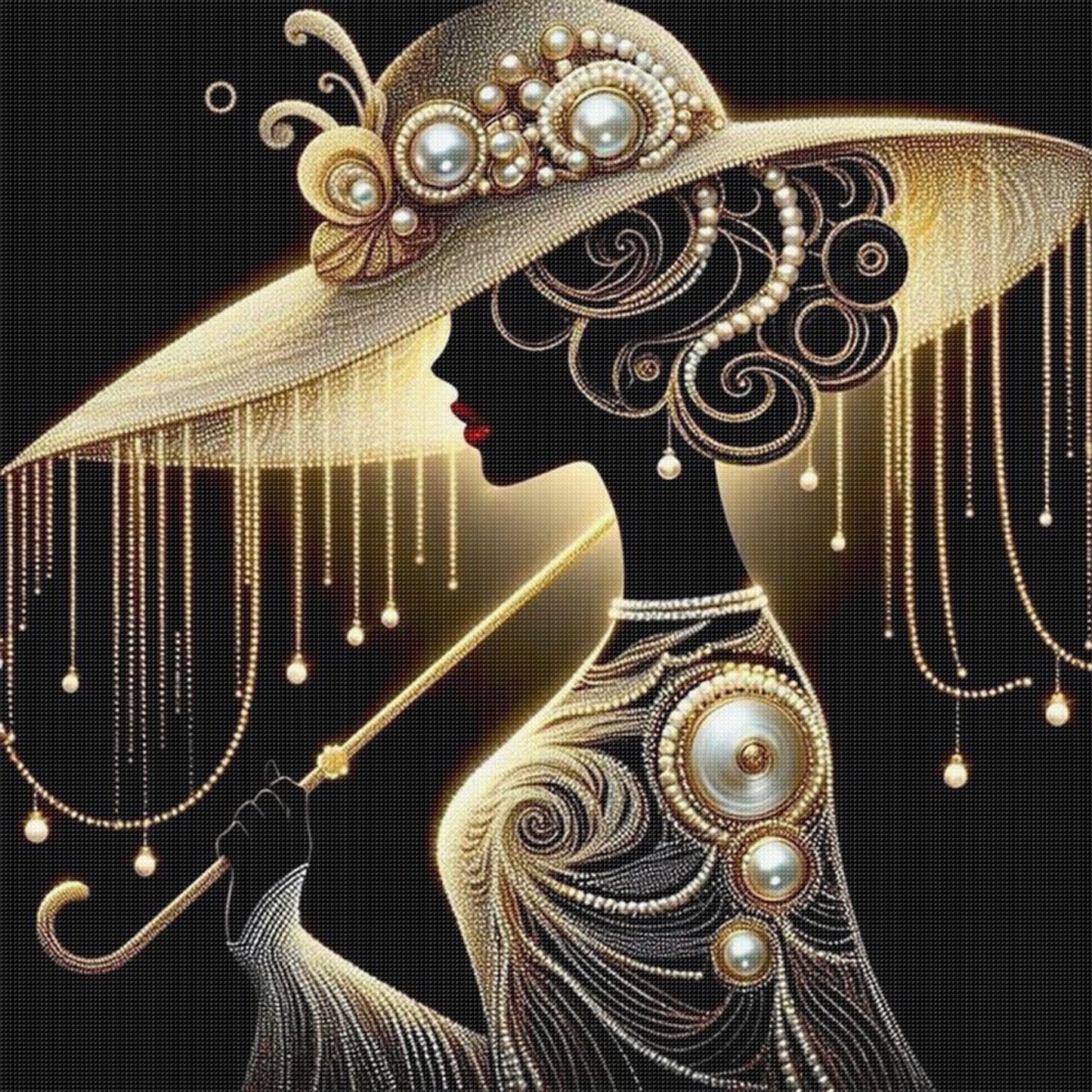 Elegant Lady - Black Gold Pearl Silhouette - Full 11CT Stamped Cross Stitch 45x45CM - Huacan