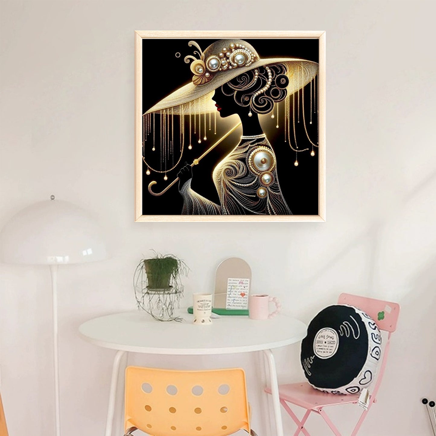 Elegant Lady - Black Gold Pearl Silhouette - Full 11CT Stamped Cross Stitch 45x45CM - Huacan