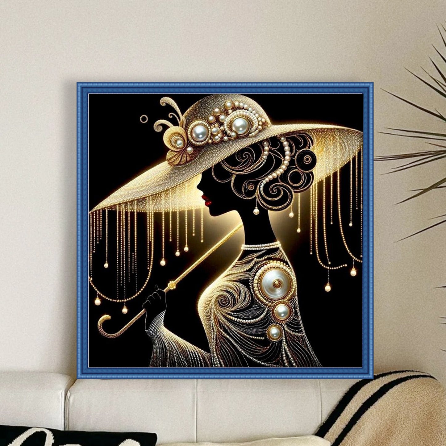 Elegant Lady - Black Gold Pearl Silhouette - Full 11CT Stamped Cross Stitch 45x45CM - Huacan