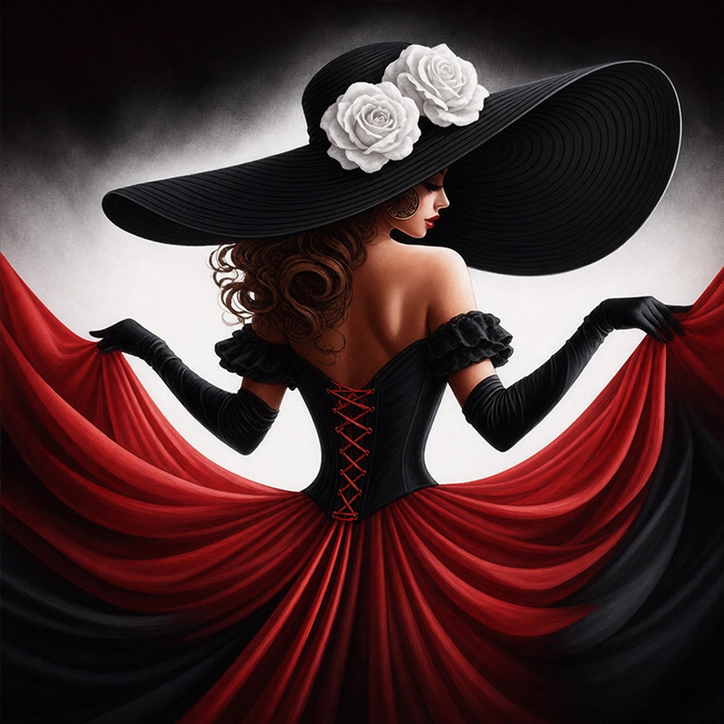 Elegant Lady - Black Red Rose Dress - Full 11CT Stamped Cross Stitch 45x45CM - Huacan