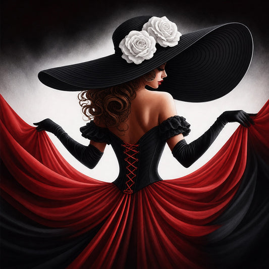 Elegant Lady - Black Red Rose Dress - Full 11CT Stamped Cross Stitch 45x45CM - Huacan