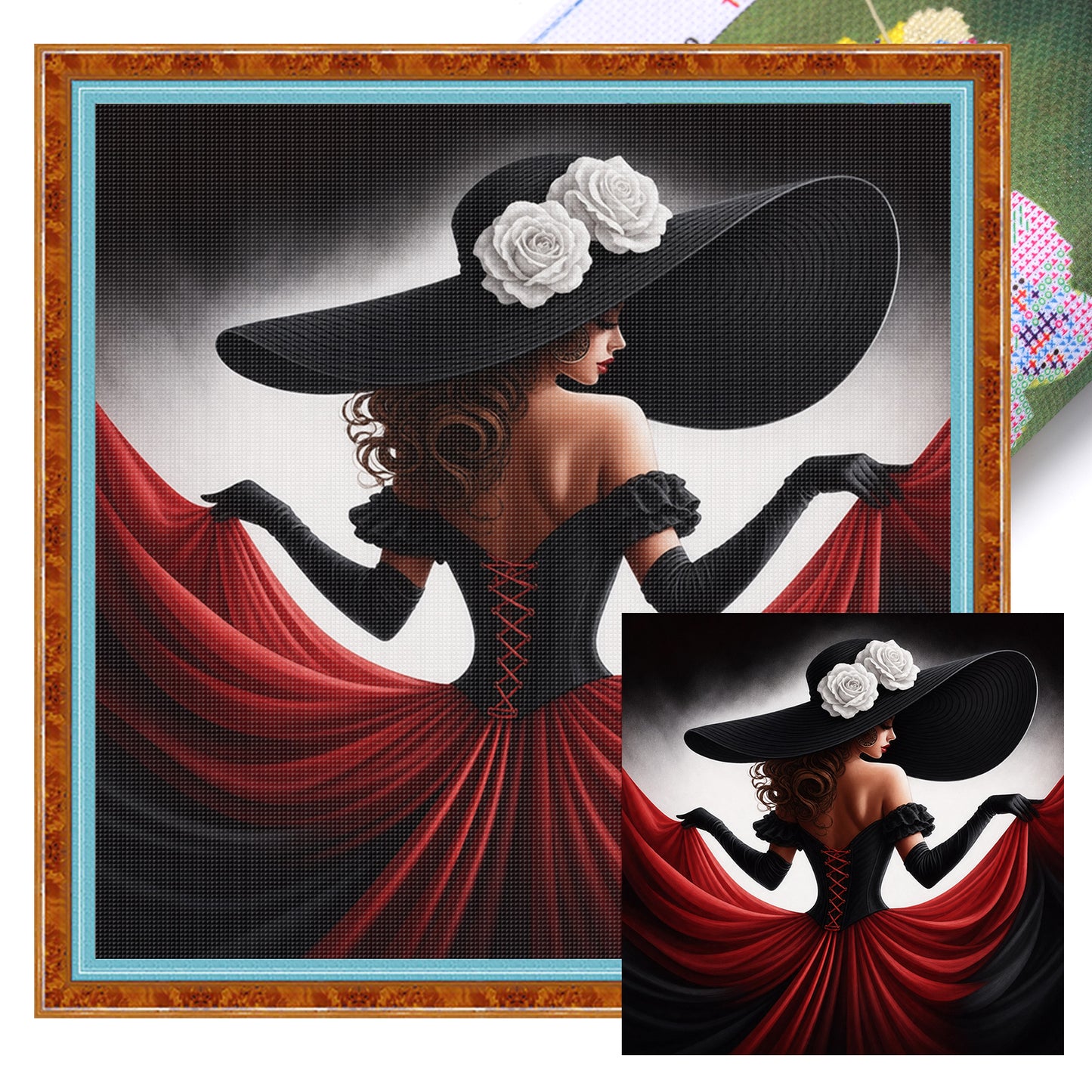 Elegant Lady - Black Red Rose Dress - Full 11CT Stamped Cross Stitch 45x45CM - Huacan