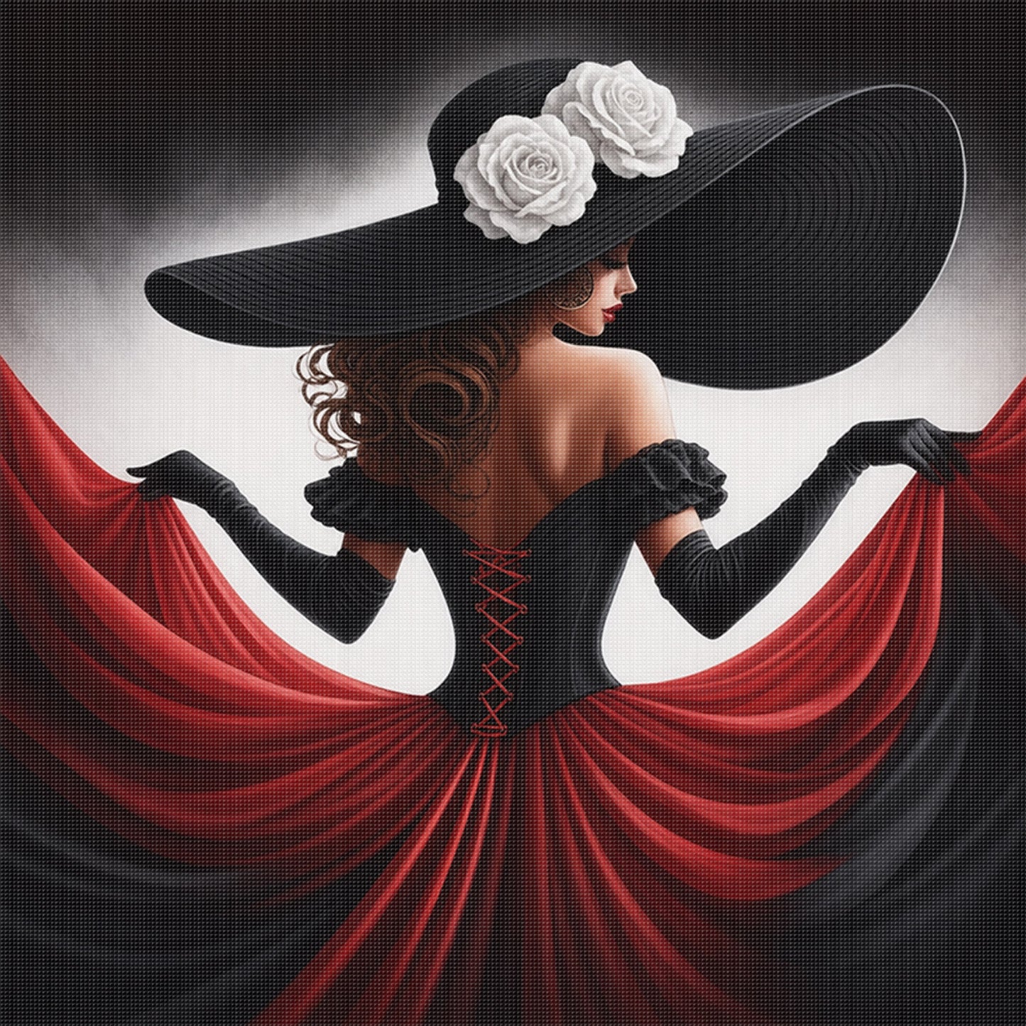 Elegant Lady - Black Red Rose Dress - Full 11CT Stamped Cross Stitch 45x45CM - Huacan
