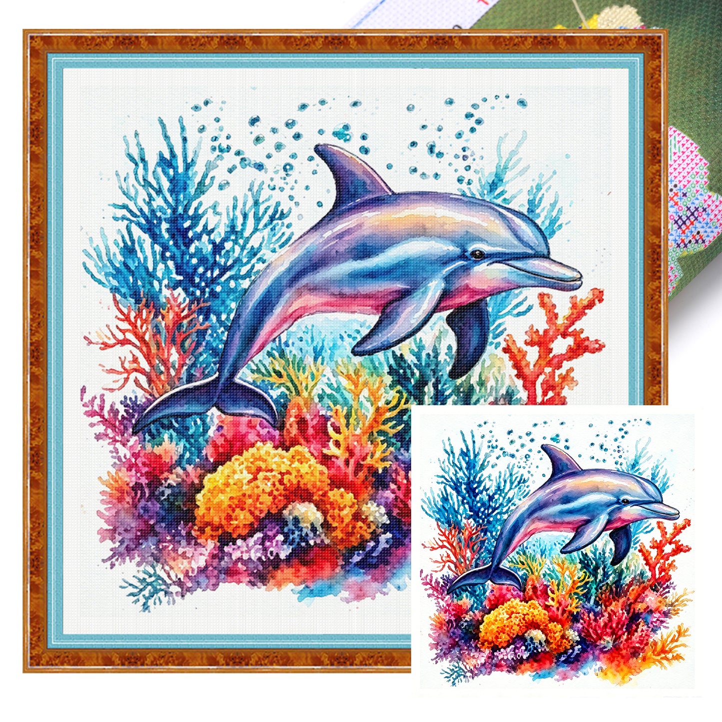 Coral Dolphin - Full 11CT Stamped Cross Stitch 40x40CM - Yishu
