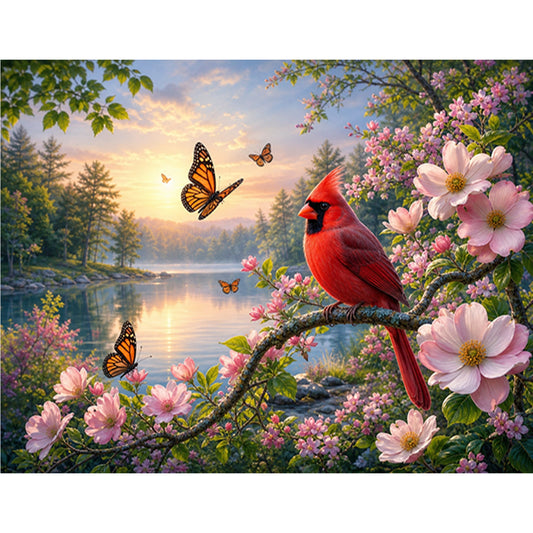 Red Bird By Lakeside At Dawn - Full 11CT Stamped Cross Stitch 50x40CM - Huacan