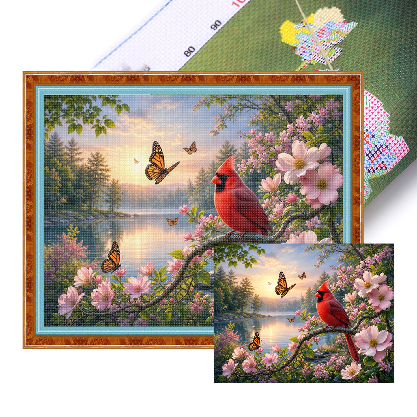 Red Bird By Lakeside At Dawn - Full 11CT Stamped Cross Stitch 50x40CM - Huacan