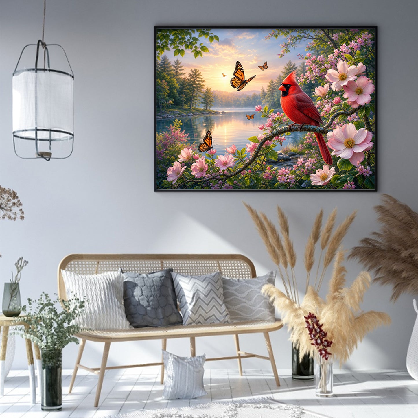 Red Bird By Lakeside At Dawn - Full 11CT Stamped Cross Stitch 50x40CM - Huacan