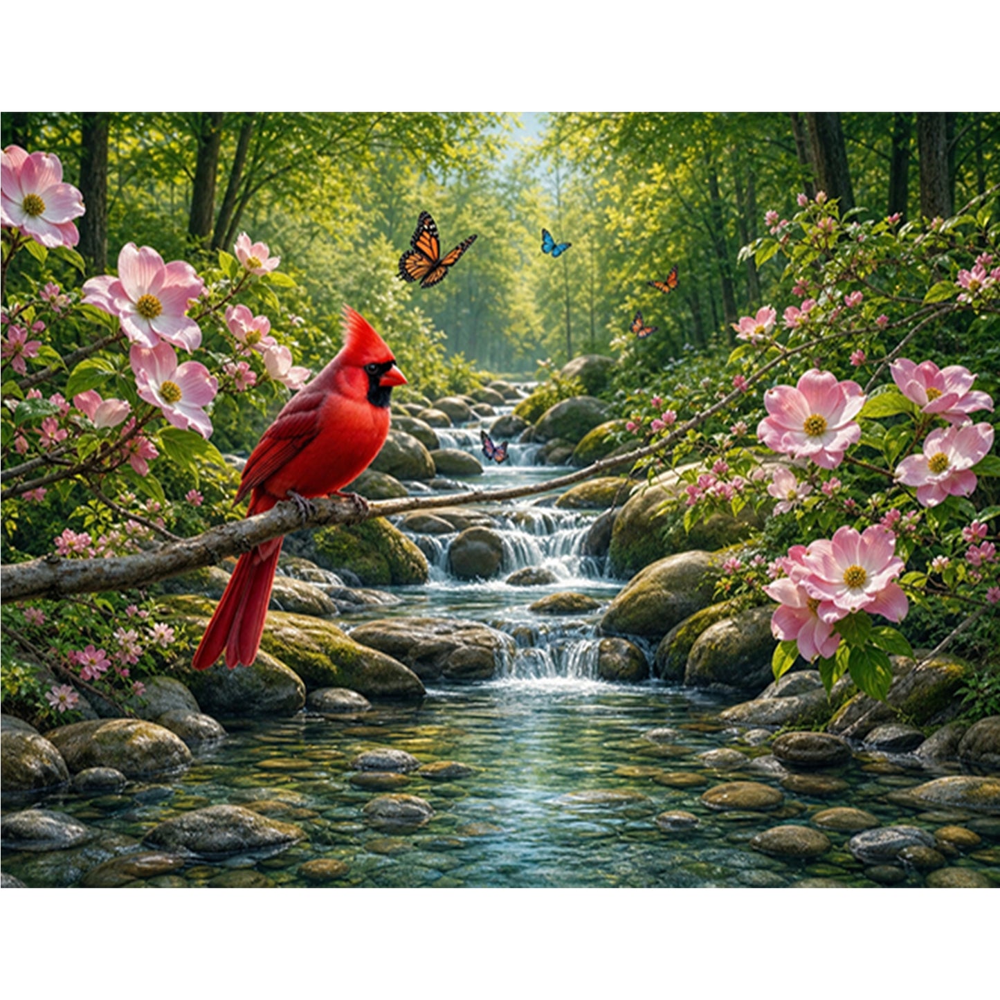 Red Bird By Forest Stream - Full 11CT Stamped Cross Stitch 50x40CM - Huacan