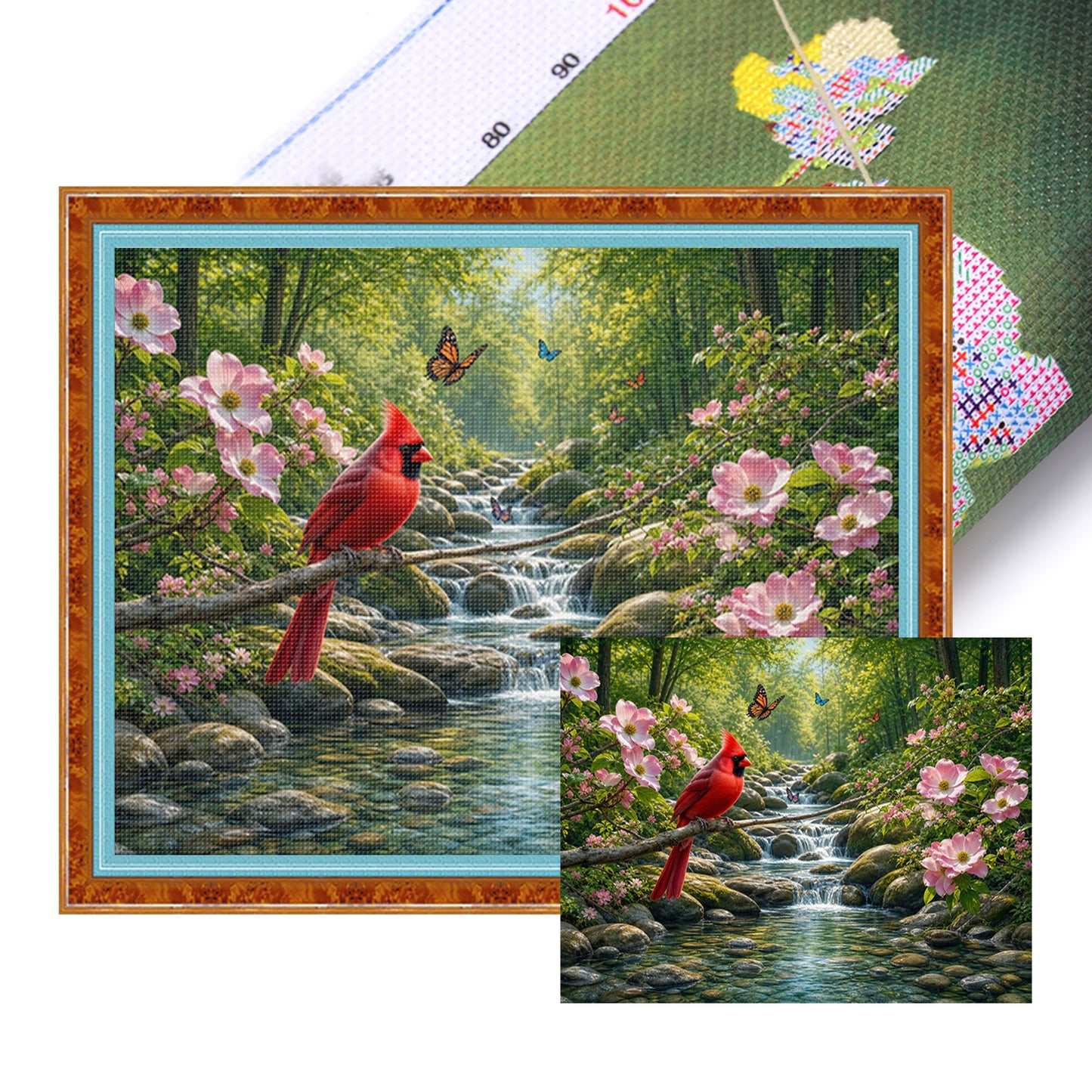 Red Bird By Forest Stream - Full 11CT Stamped Cross Stitch 50x40CM - Huacan