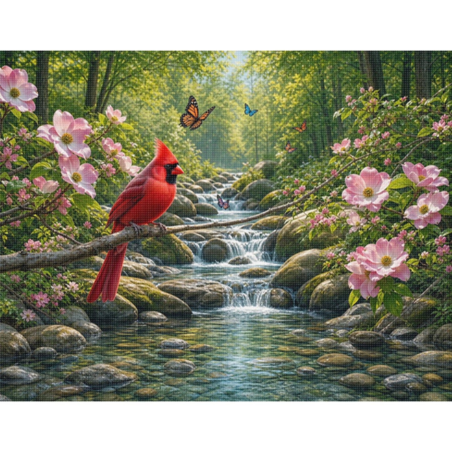 Red Bird By Forest Stream - Full 11CT Stamped Cross Stitch 50x40CM - Huacan