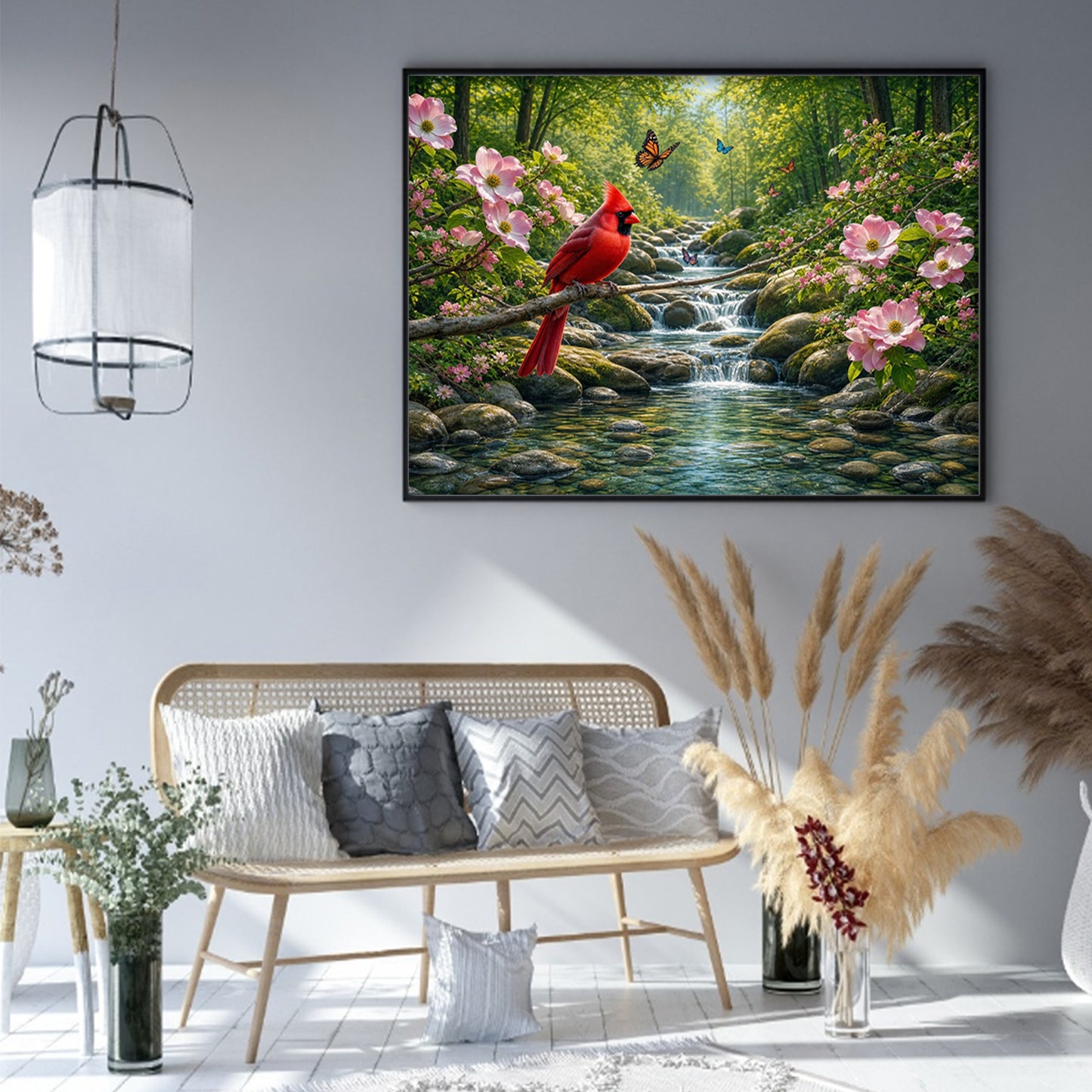 Red Bird By Forest Stream - Full 11CT Stamped Cross Stitch 50x40CM - Huacan