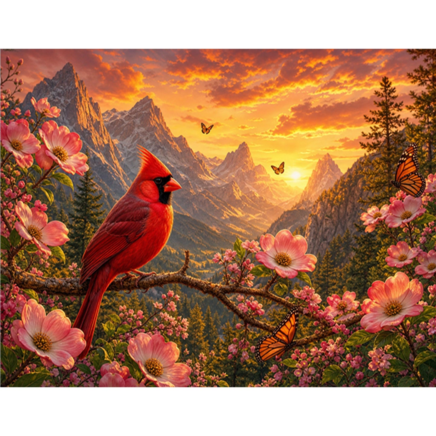 Red Bird On Mountain Peak At Dusk - Full 11CT Stamped Cross Stitch 50x40CM - Huacan