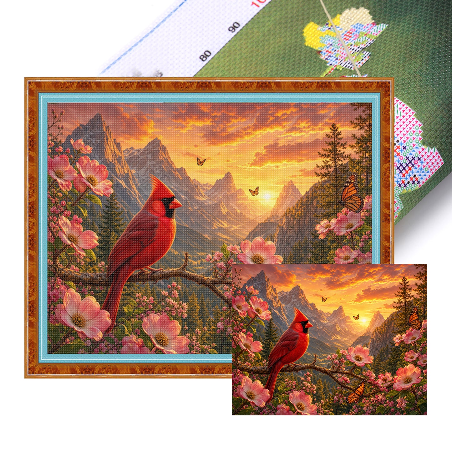 Red Bird On Mountain Peak At Dusk - Full 11CT Stamped Cross Stitch 50x40CM - Huacan