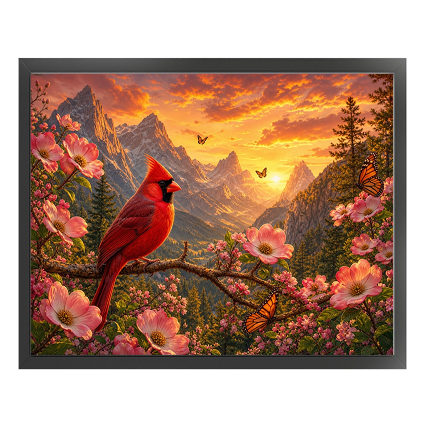 Red Bird On Mountain Peak At Dusk - Full 11CT Stamped Cross Stitch 50x40CM - Huacan