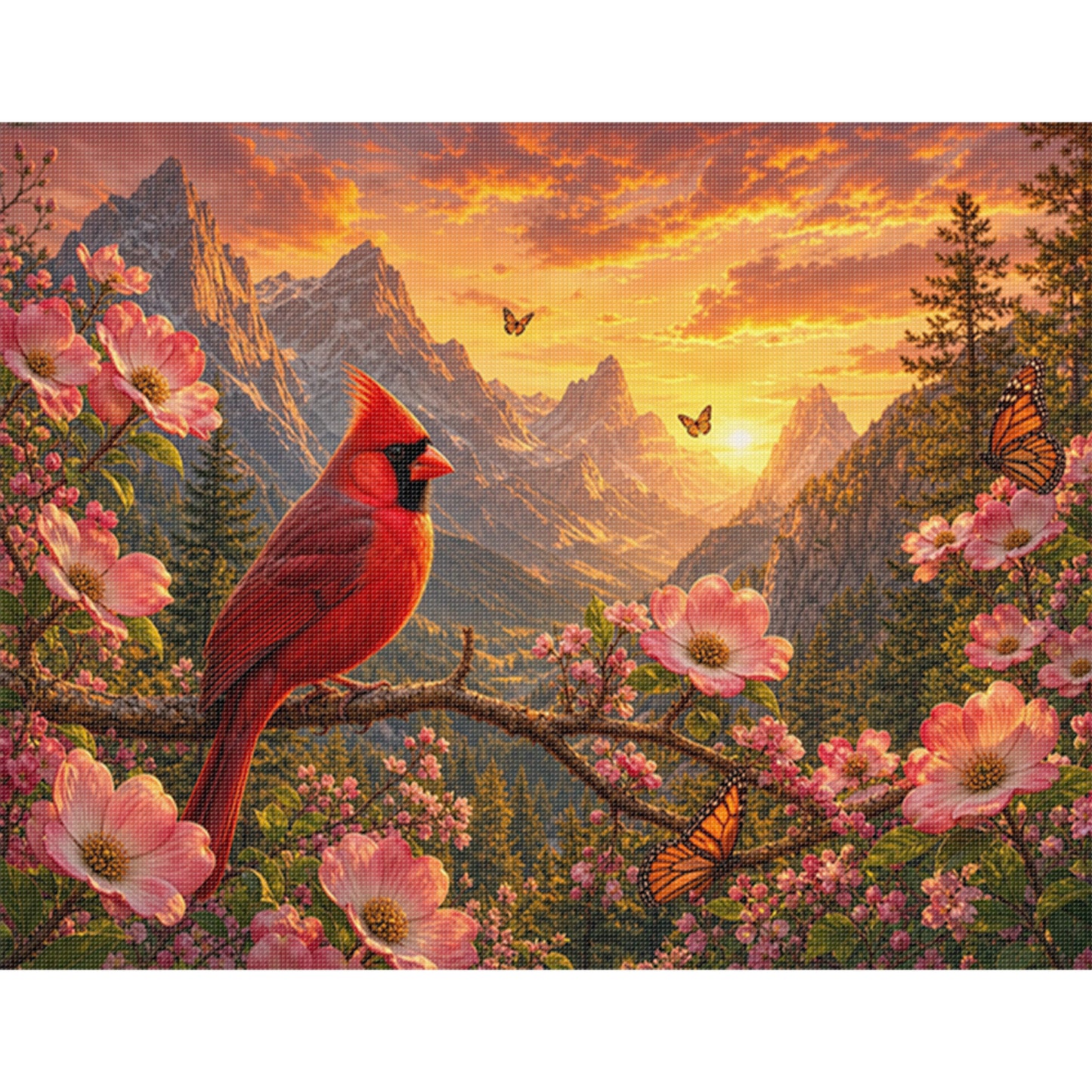 Red Bird On Mountain Peak At Dusk - Full 11CT Stamped Cross Stitch 50x40CM - Huacan
