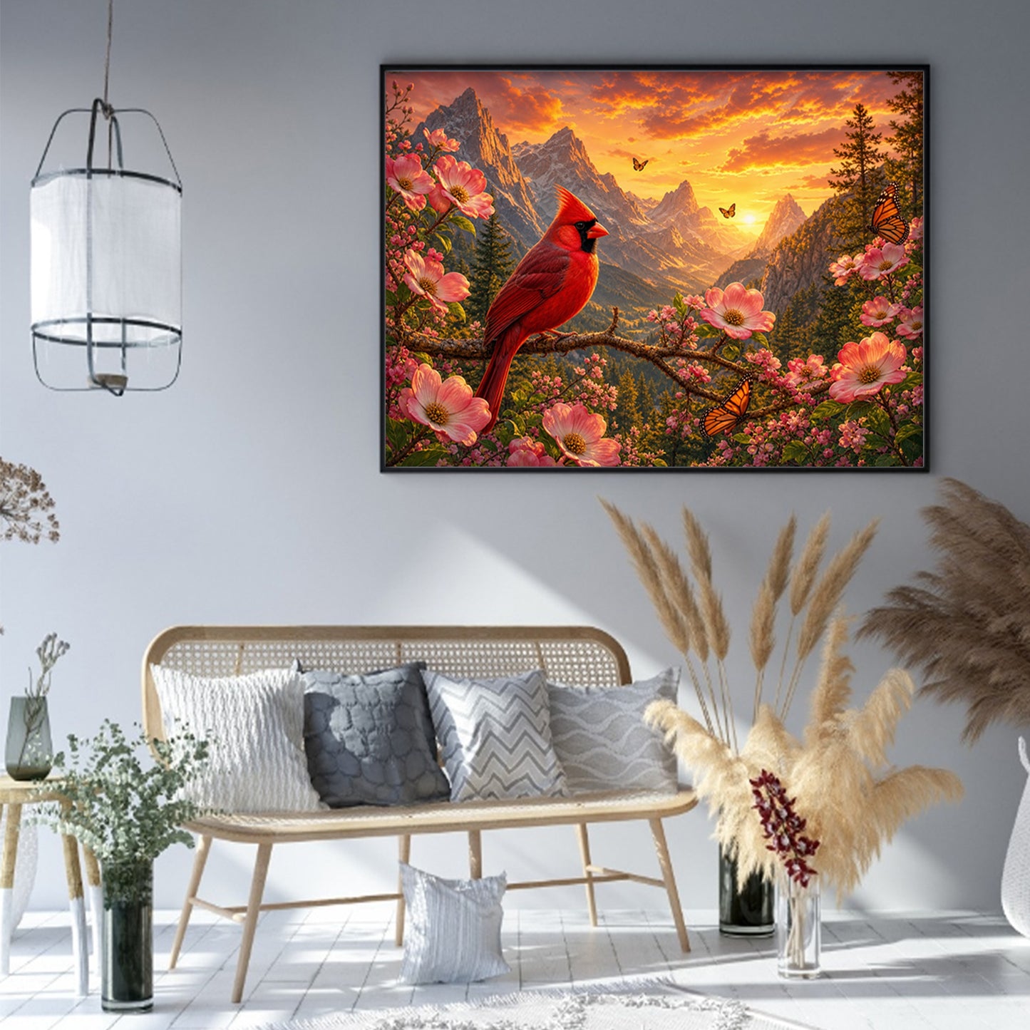 Red Bird On Mountain Peak At Dusk - Full 11CT Stamped Cross Stitch 50x40CM - Huacan