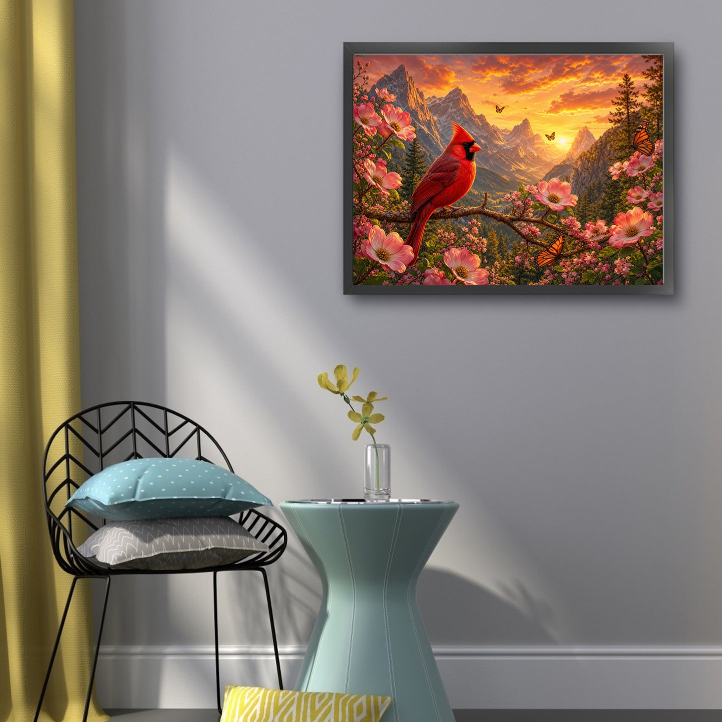 Red Bird On Mountain Peak At Dusk - Full 11CT Stamped Cross Stitch 50x40CM - Huacan