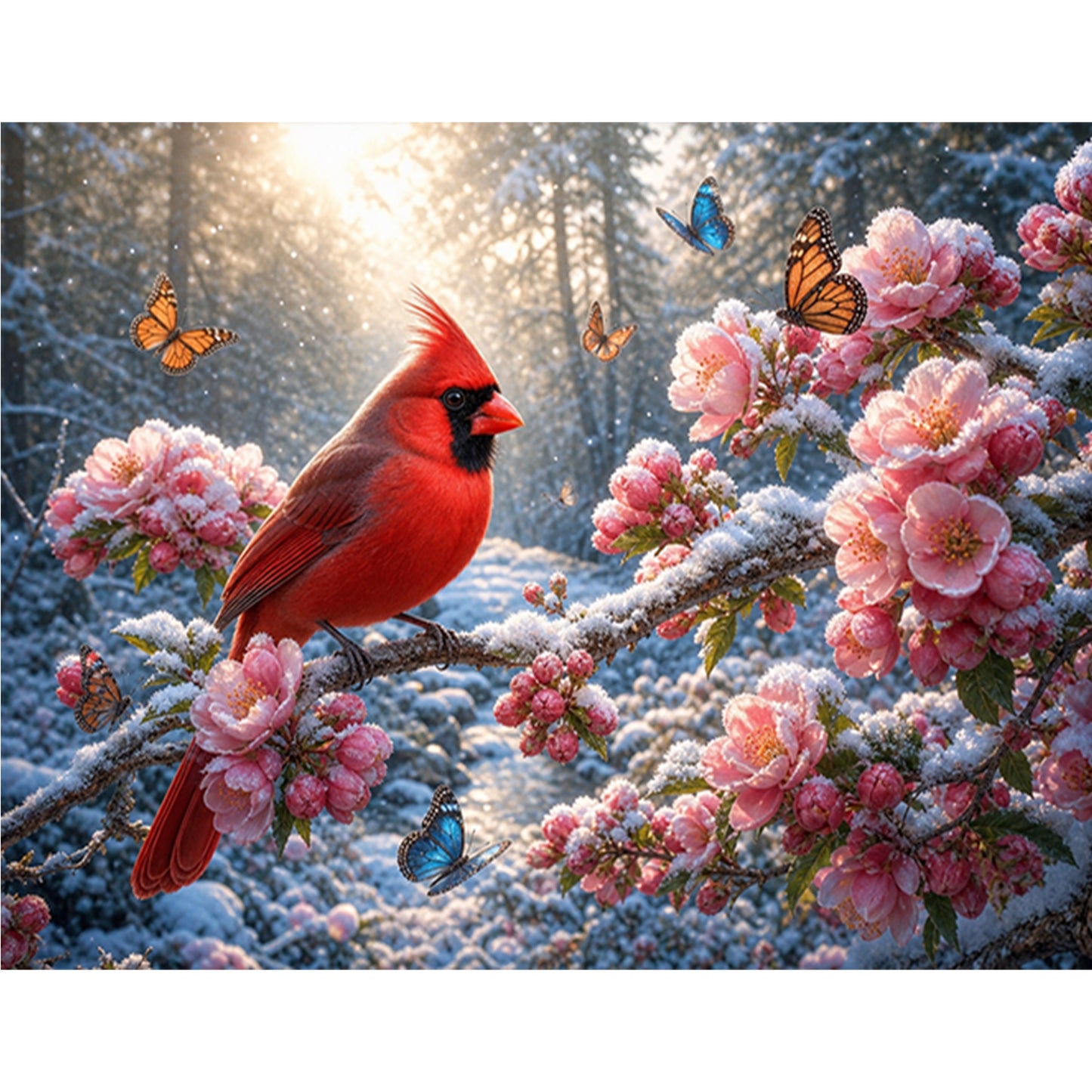 Red Bird Amid Blooms In Snow - Full 11CT Stamped Cross Stitch 50x40CM - Huacan