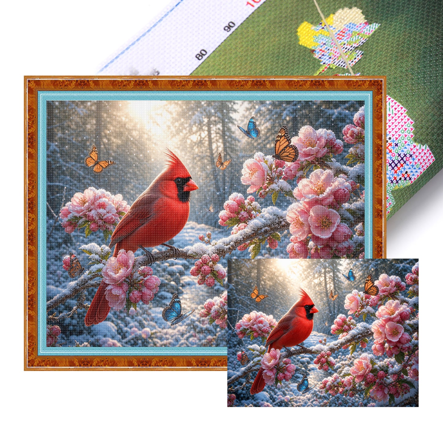 Red Bird Amid Blooms In Snow - Full 11CT Stamped Cross Stitch 50x40CM - Huacan