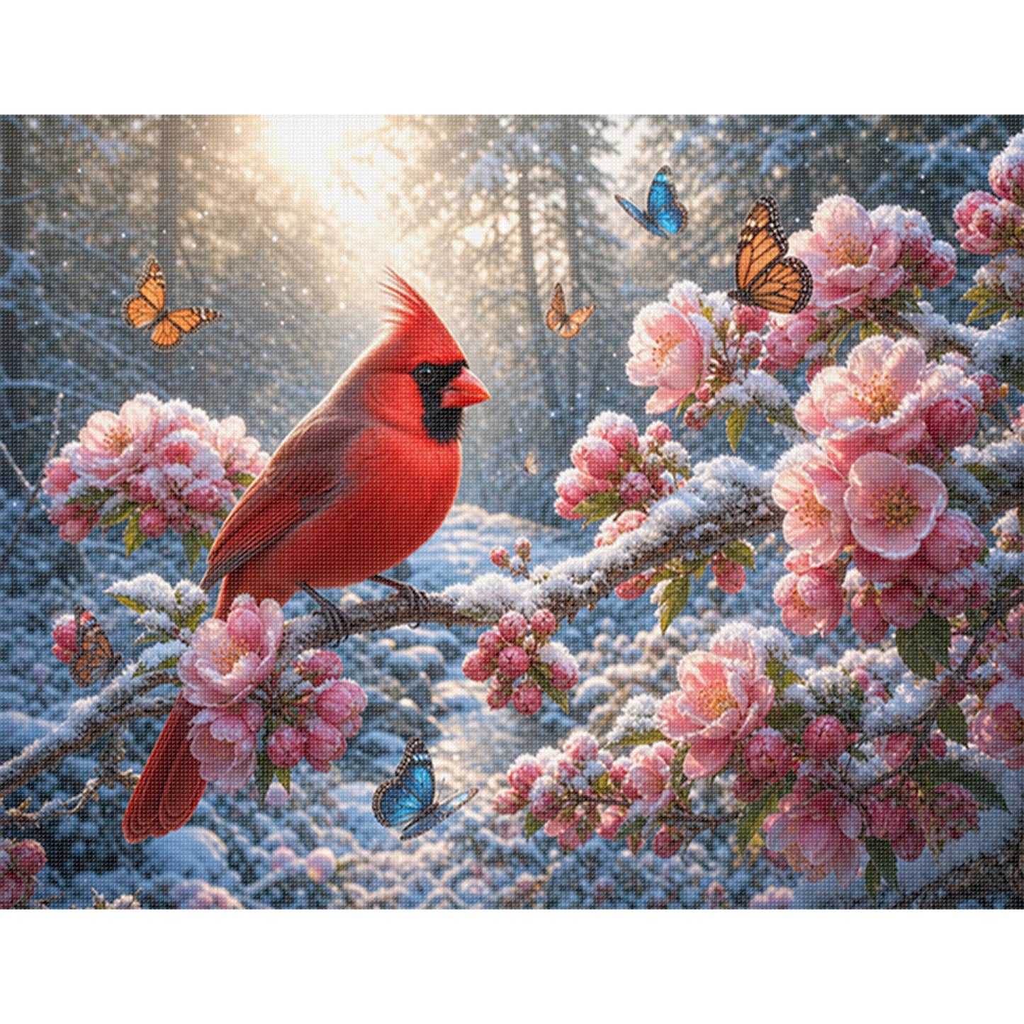 Red Bird Amid Blooms In Snow - Full 11CT Stamped Cross Stitch 50x40CM - Huacan