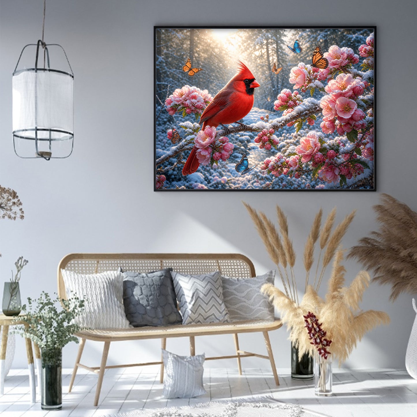 Red Bird Amid Blooms In Snow - Full 11CT Stamped Cross Stitch 50x40CM - Huacan