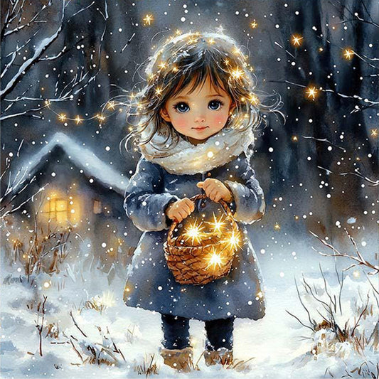 Girl With Basket On Winter Night - Full 18CT Stamped Cross Stitch 50x50CM - Huacan