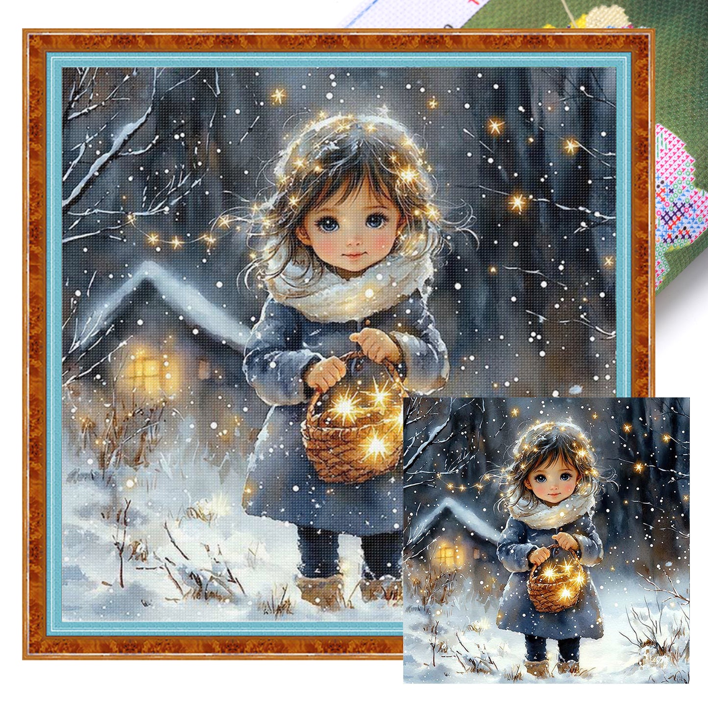 Girl With Basket On Winter Night - Full 18CT Stamped Cross Stitch 50x50CM - Huacan