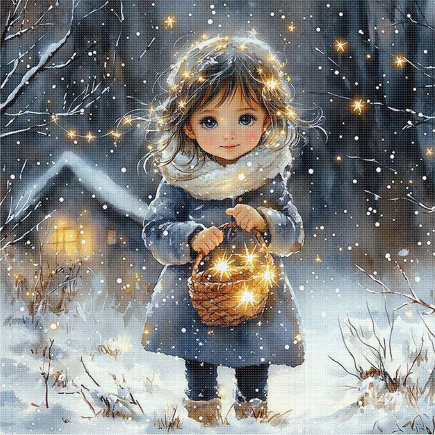 Girl With Basket On Winter Night - Full 18CT Stamped Cross Stitch 50x50CM - Huacan