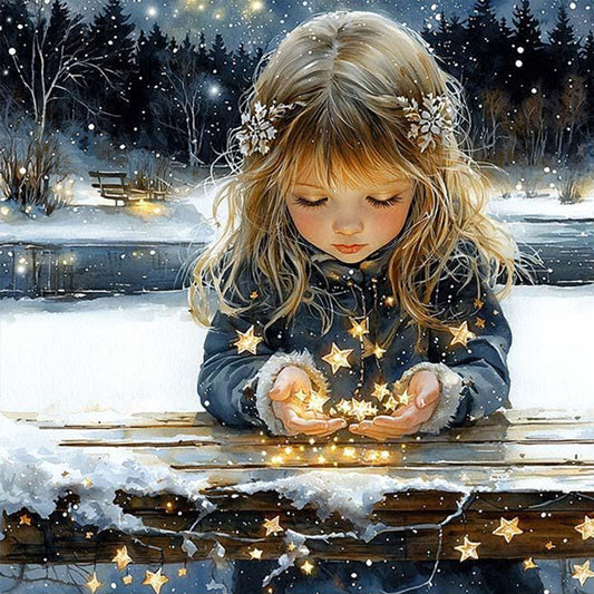 Blonde Girl Holding Stars - Full 18CT Stamped Cross Stitch 50x50CM - Huacan