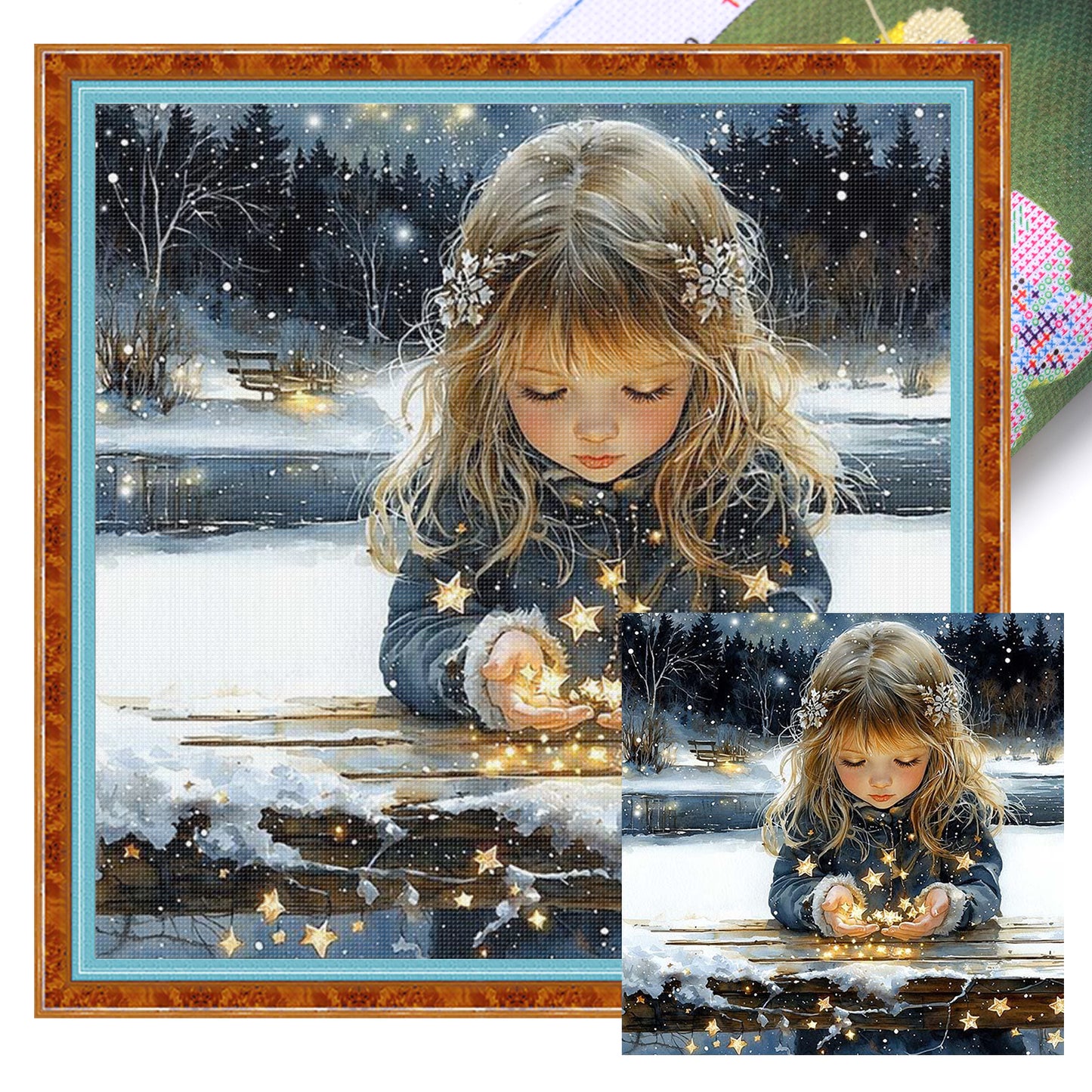 Blonde Girl Holding Stars - Full 18CT Stamped Cross Stitch 50x50CM - Huacan