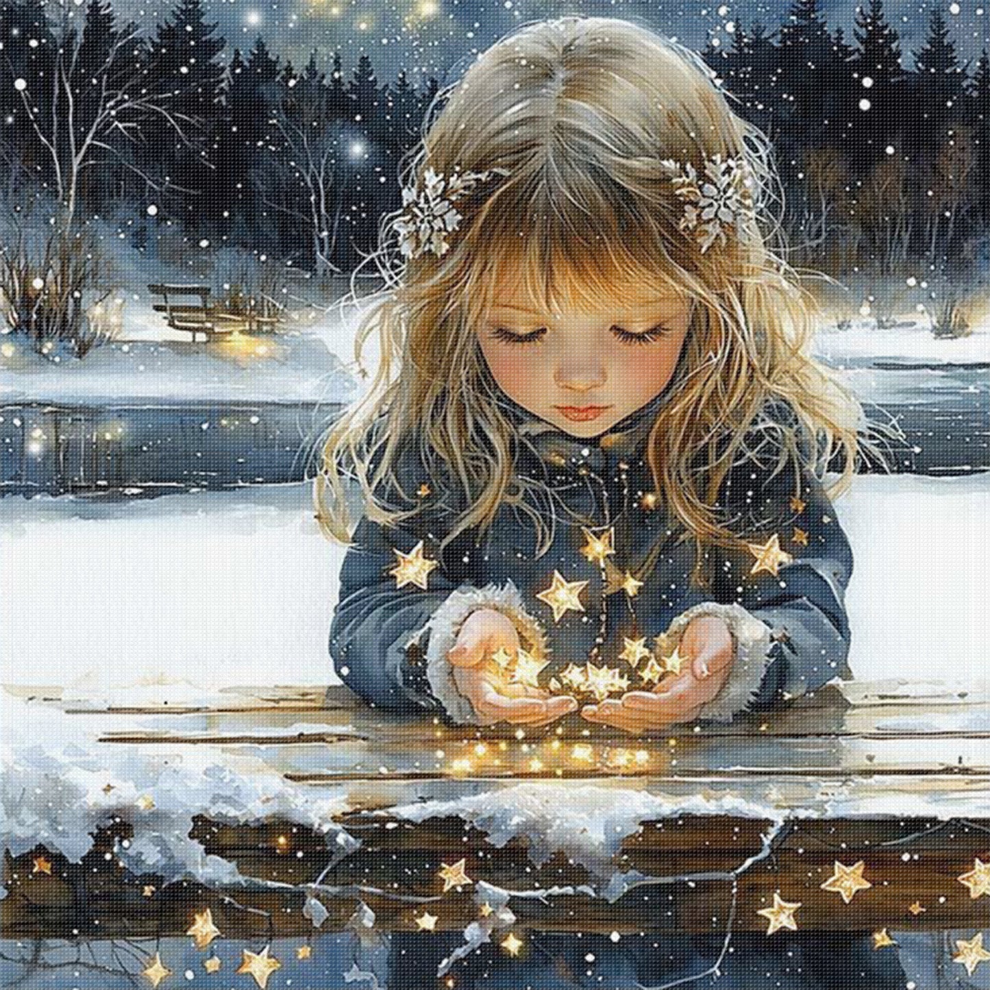 Blonde Girl Holding Stars - Full 18CT Stamped Cross Stitch 50x50CM - Huacan