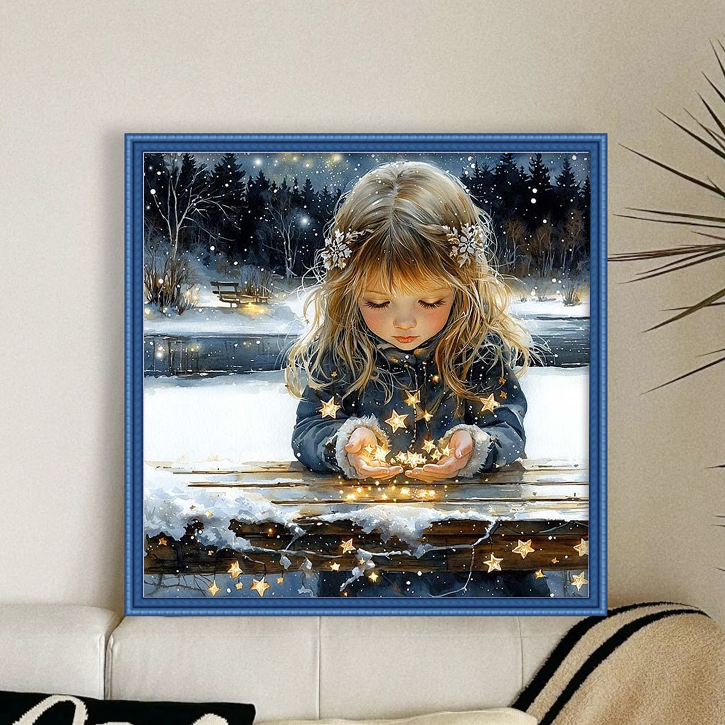 Blonde Girl Holding Stars - Full 18CT Stamped Cross Stitch 50x50CM - Huacan