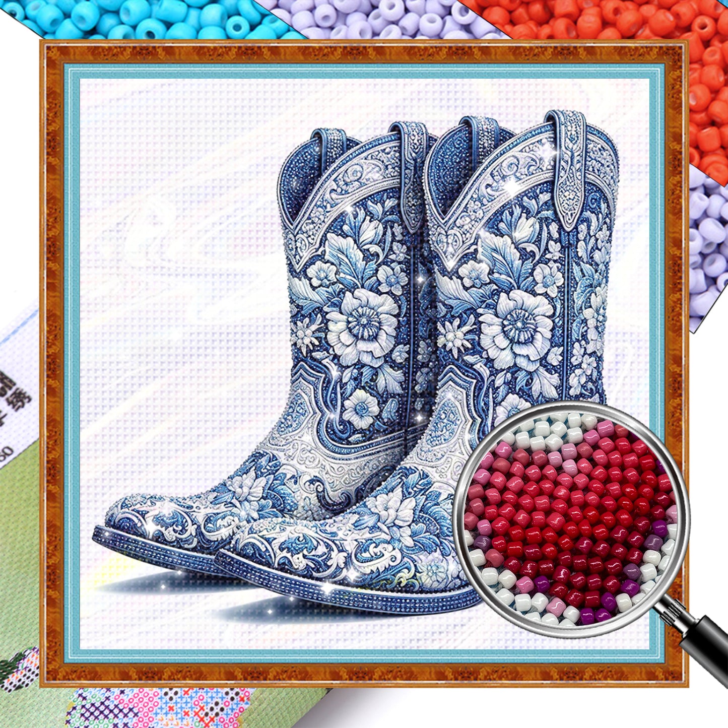 Cowboy Boots - Partial 11CT Stamped Cross Stitch - Bead Embroidery 36x36CM/14.17x14.17in