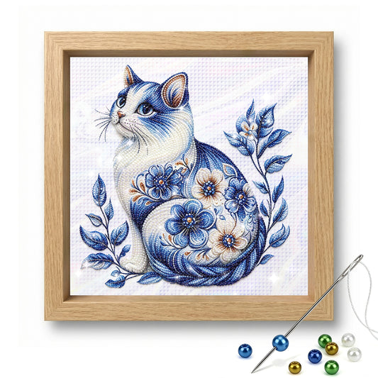 Cat - Partial 11CT Stamped Cross Stitch - Bead Embroidery 36x36CM/14.17x14.17in