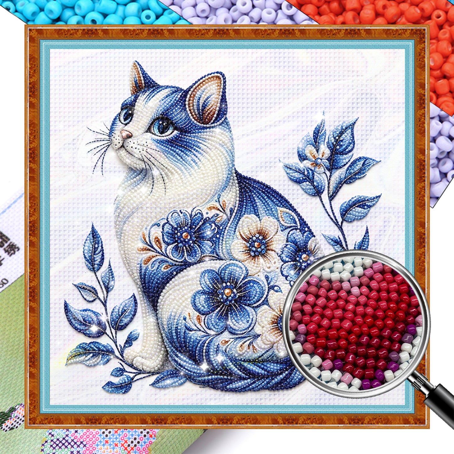 Cat - Partial 11CT Stamped Cross Stitch - Bead Embroidery 36x36CM/14.17x14.17in