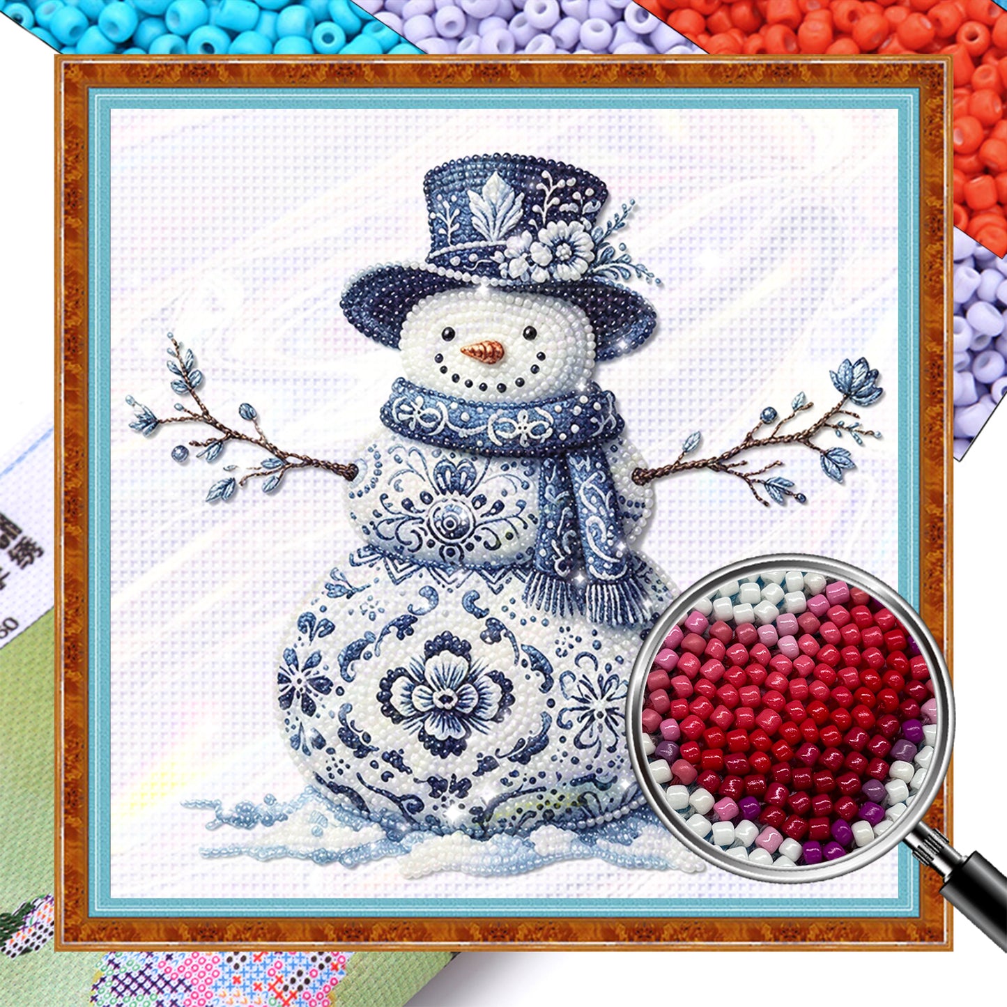 Snowman - Partial 11CT Stamped Cross Stitch - Bead Embroidery 36x36CM/14.17x14.17in