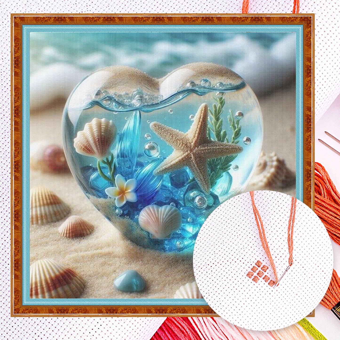 Heart-Shaped Glass Ocean Bottle - Full 11CT Counted Cross Stitch 45x45CM - Huacan