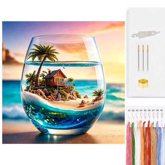 Tropical Island In Glass Cup - Full 11CT Counted Cross Stitch 45x45CM - Huacan