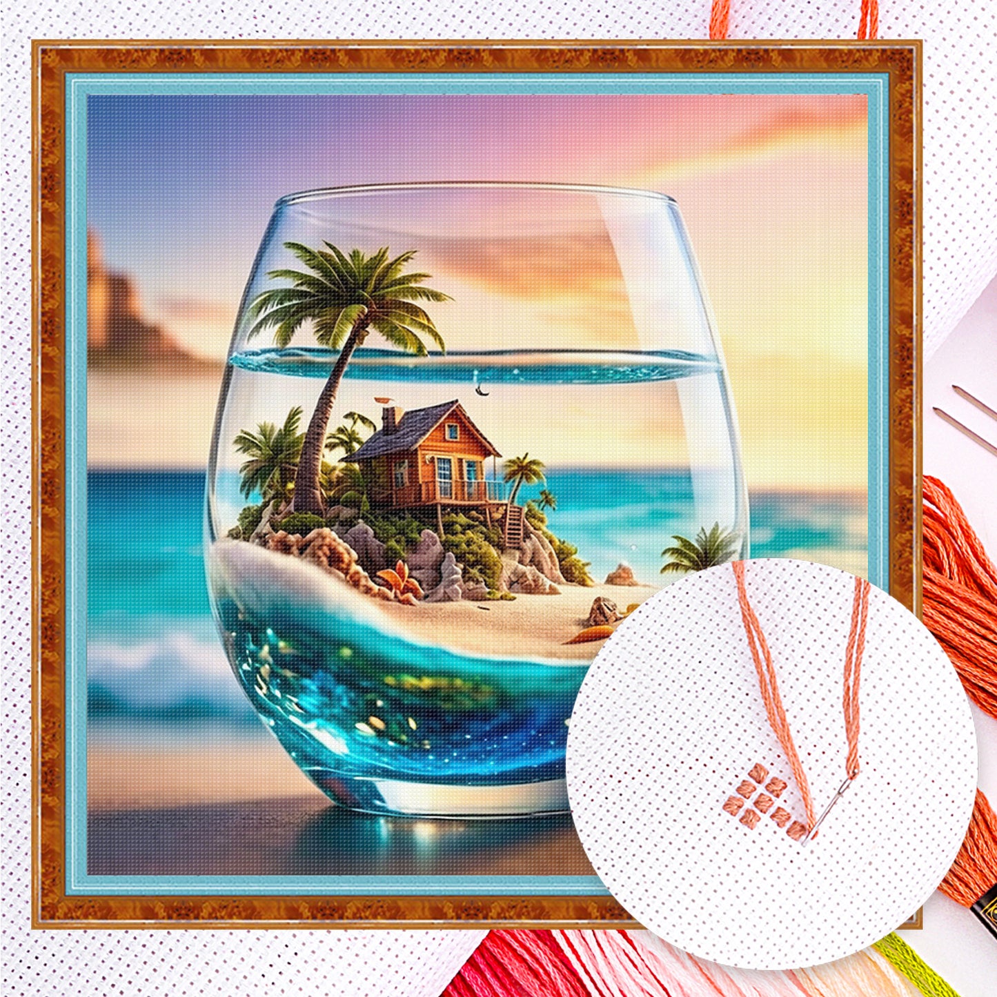 Tropical Island In Glass Cup - Full 11CT Counted Cross Stitch 45x45CM - Huacan
