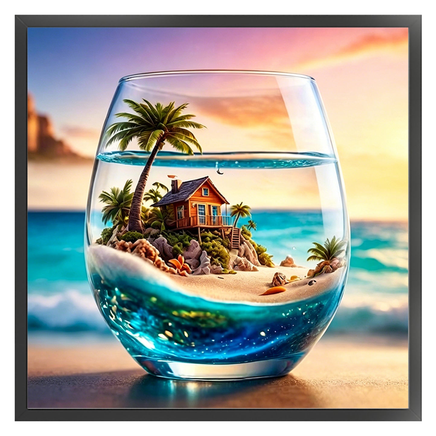 Tropical Island In Glass Cup - Full 11CT Counted Cross Stitch 45x45CM - Huacan