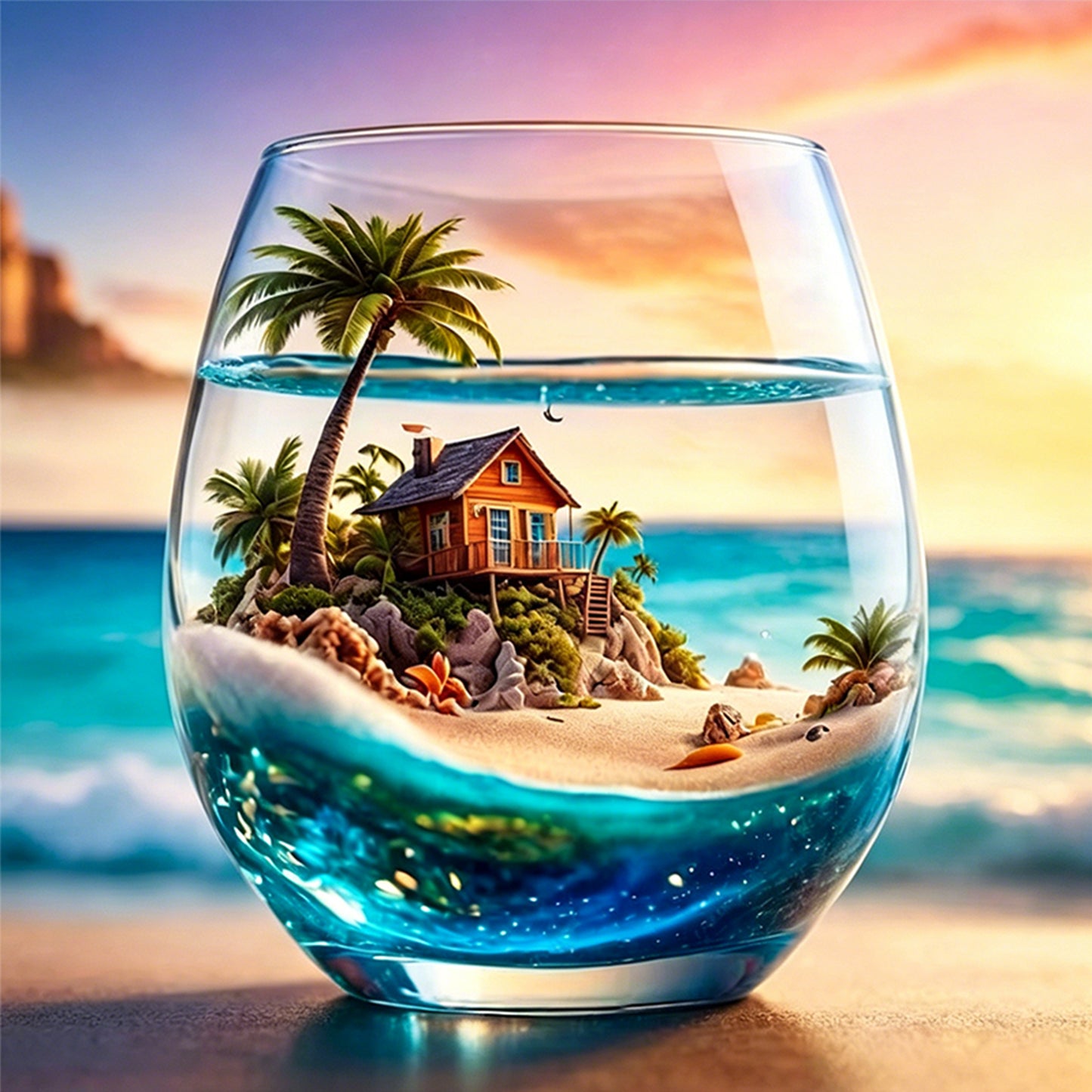Tropical Island In Glass Cup - Full 11CT Counted Cross Stitch 45x45CM - Huacan