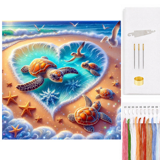 Group Of Turtles On Heart-Shaped Beach - Full 11CT Counted Cross Stitch 45x45CM - Huacan