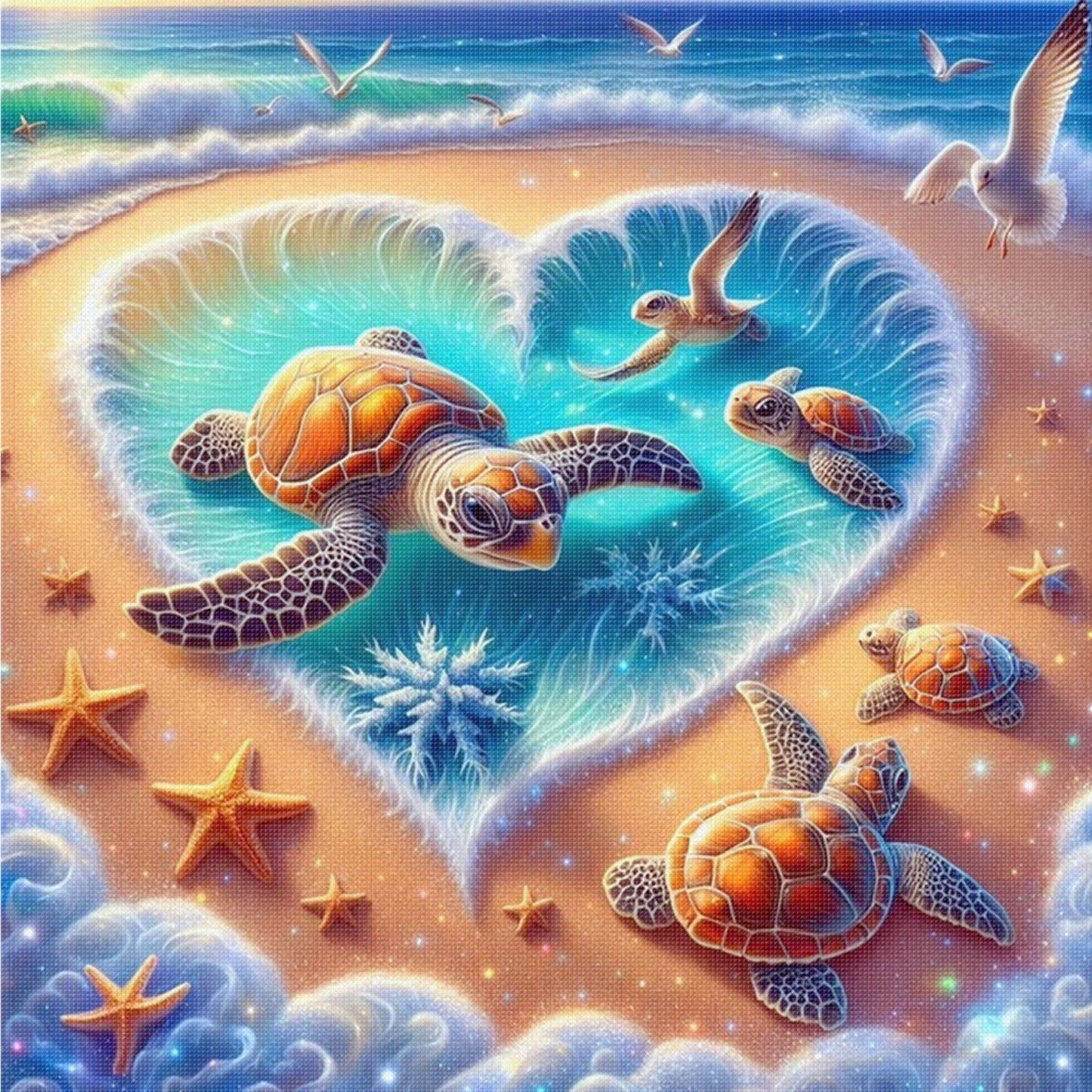 Group Of Turtles On Heart-Shaped Beach - Full 11CT Counted Cross Stitch 45x45CM - Huacan