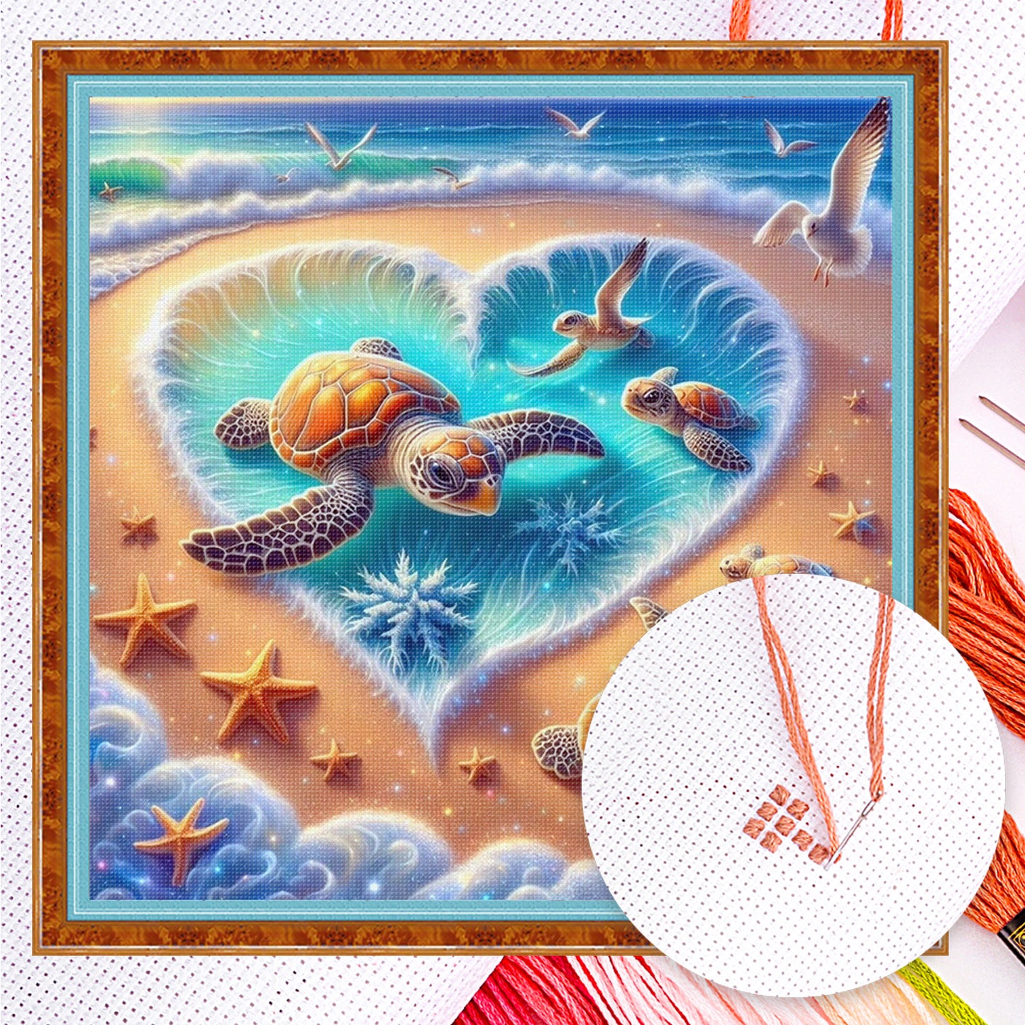 Group Of Turtles On Heart-Shaped Beach - Full 11CT Counted Cross Stitch 45x45CM - Huacan