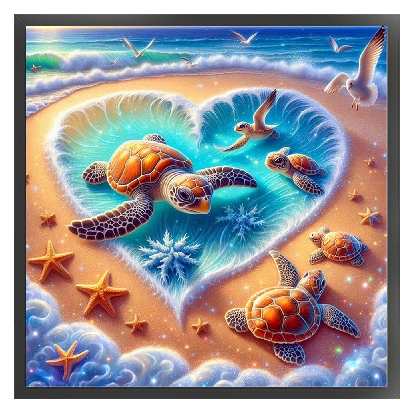 Group Of Turtles On Heart-Shaped Beach - Full 11CT Counted Cross Stitch 45x45CM - Huacan