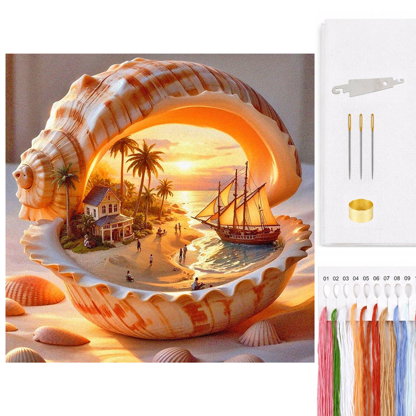 Beach Sunset Inside Conch - Full 11CT Counted Cross Stitch 45x45CM - Huacan