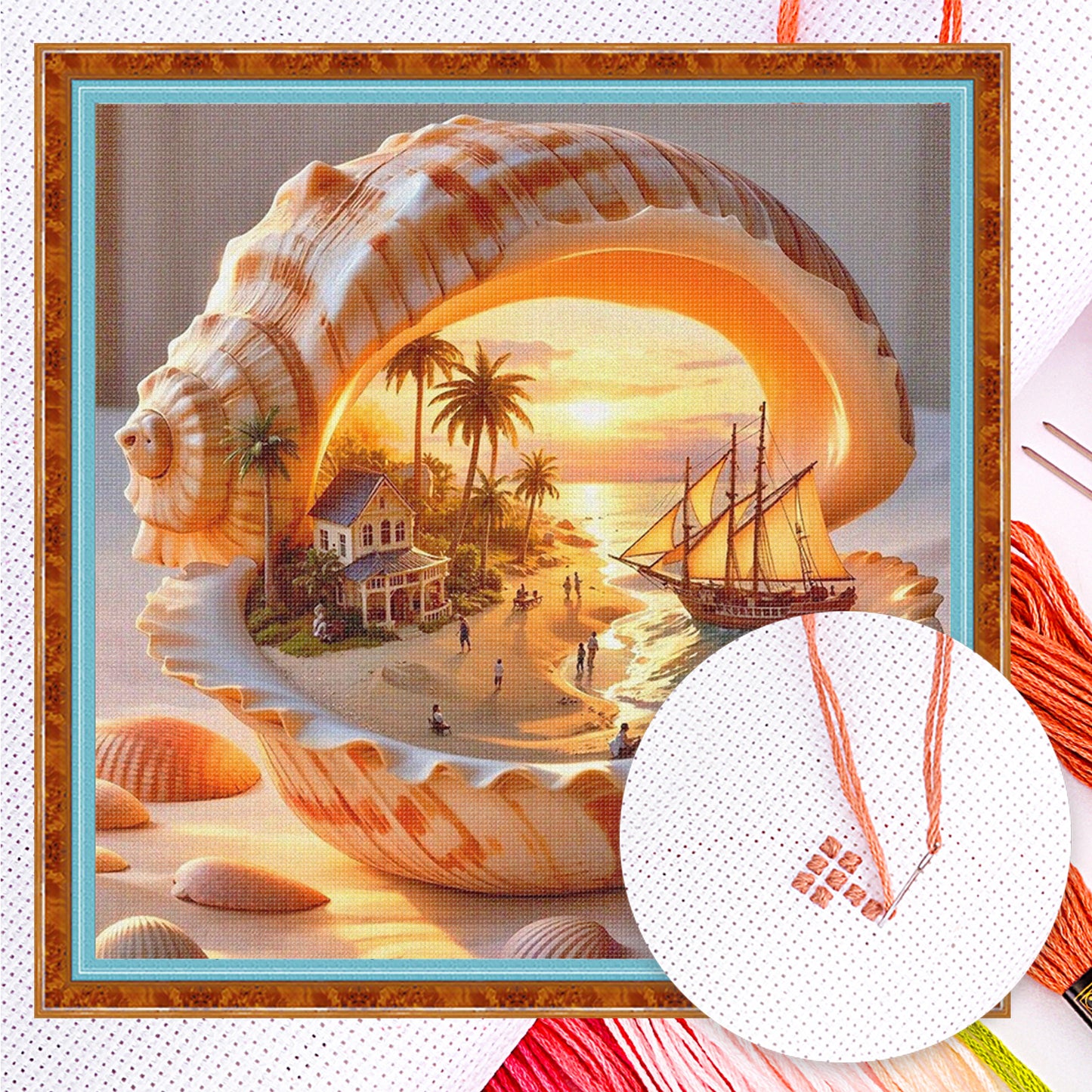 Beach Sunset Inside Conch - Full 11CT Counted Cross Stitch 45x45CM - Huacan