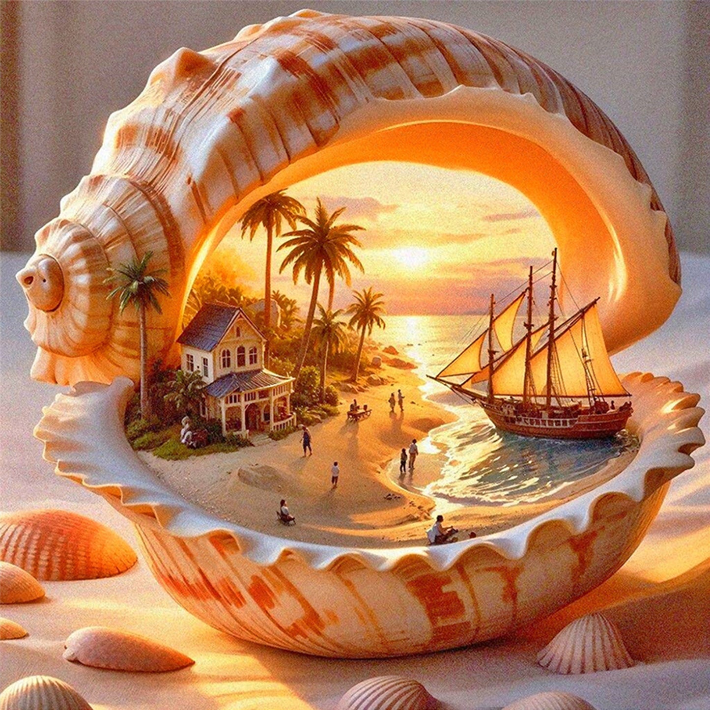 Beach Sunset Inside Conch - Full 11CT Counted Cross Stitch 45x45CM - Huacan